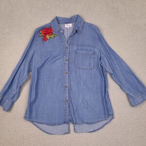Hester & Orchard Womens‎ Top Small Blue Button Up Shirt Roll Tab Flower Tencel